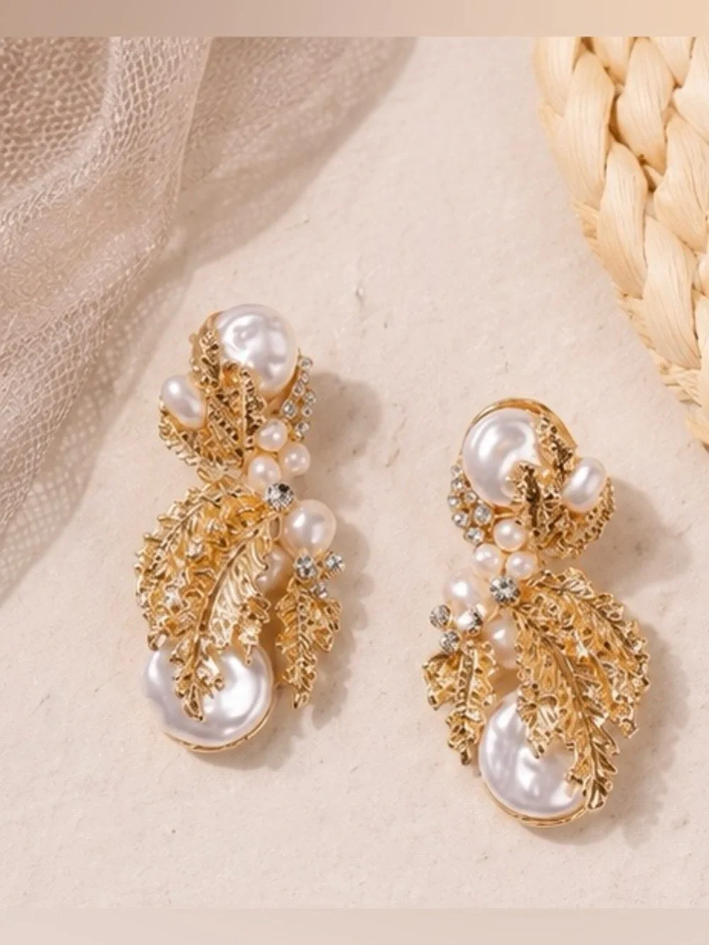 Gold Pearl Leaf Statement Earrings | Vintage Botanical Crystal Drop Earrings